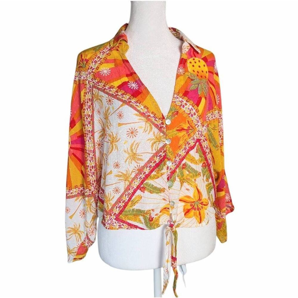 Haute Hippie cropped wide sleeve yellow multi pineapple tropical top blouse XS
